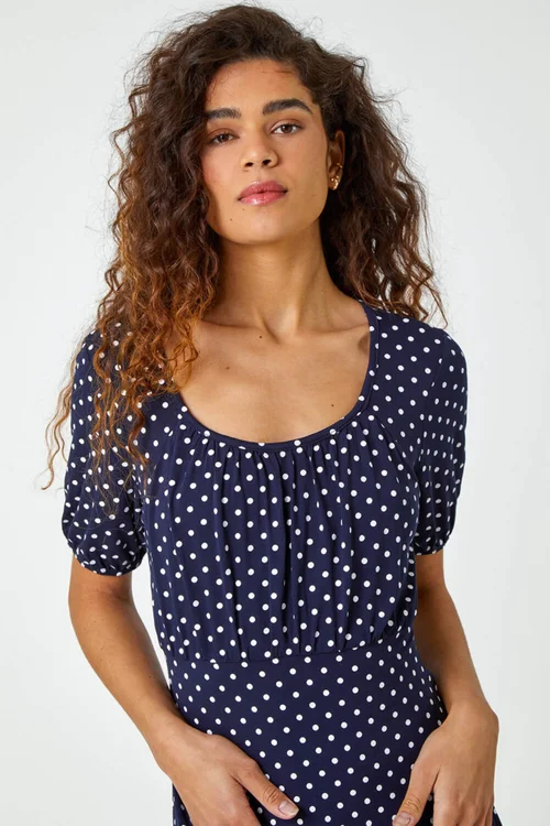 Roman Navy Polka Dot Print Stretch Dress - 6 Image 4