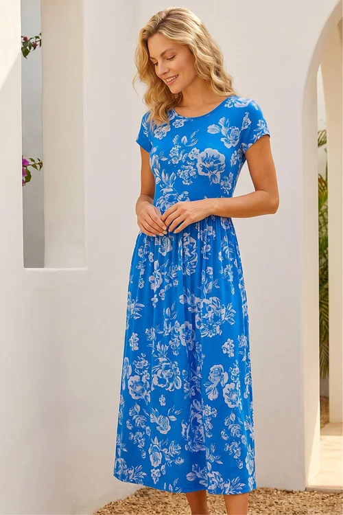 Roman Blue Floral Print Midi Stretch Dress - 6 Image 2