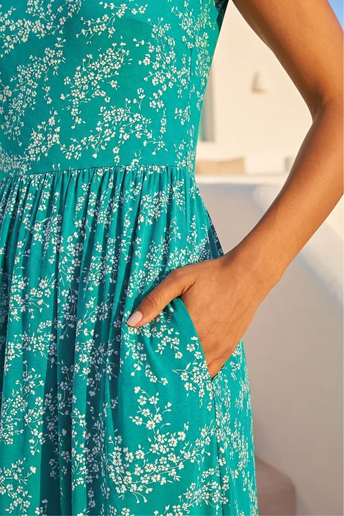 Roman Green Ditsy Gathered Skirt Stretch Midi Dress - 6 Image 4