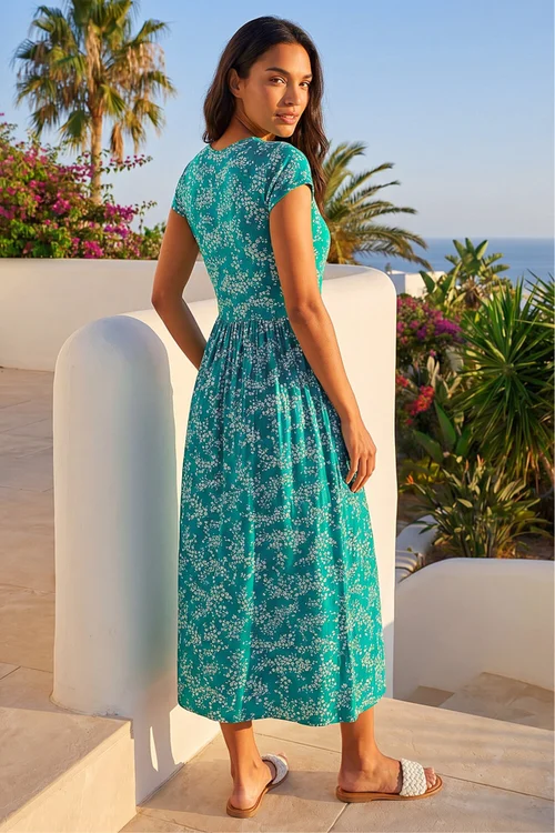 Roman Green Ditsy Gathered Skirt Stretch Midi Dress - 6 Image 3