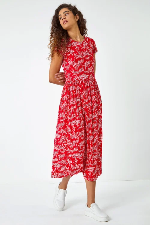 Roman Red Ditsy Gathered Skirt Stretch Midi Dress - 16 Image 2