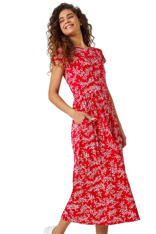 Roman Red Ditsy Gathered Skirt Stretch Midi Dress - 16 Image 1