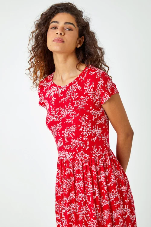 Roman Red Ditsy Gathered Skirt Stretch Midi Dress - 16 Image 4