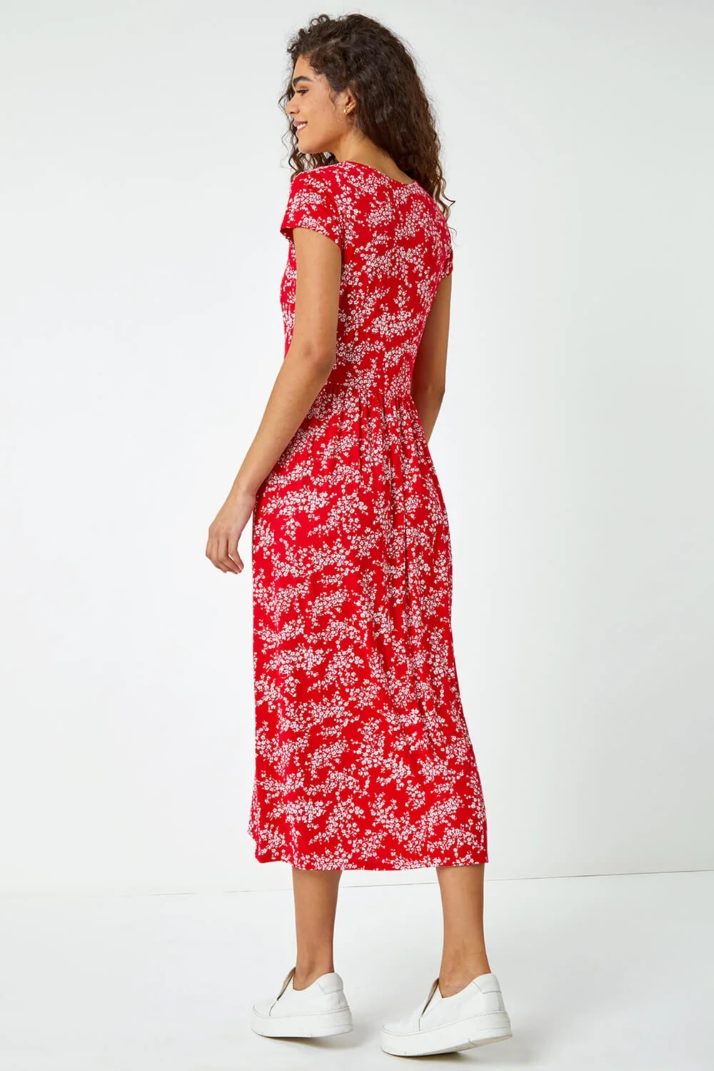 Roman Red Ditsy Gathered Skirt Stretch Midi Dress - 16 Image 3