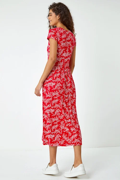 Roman Red Ditsy Gathered Skirt Stretch Midi Dress - 16 Image 3