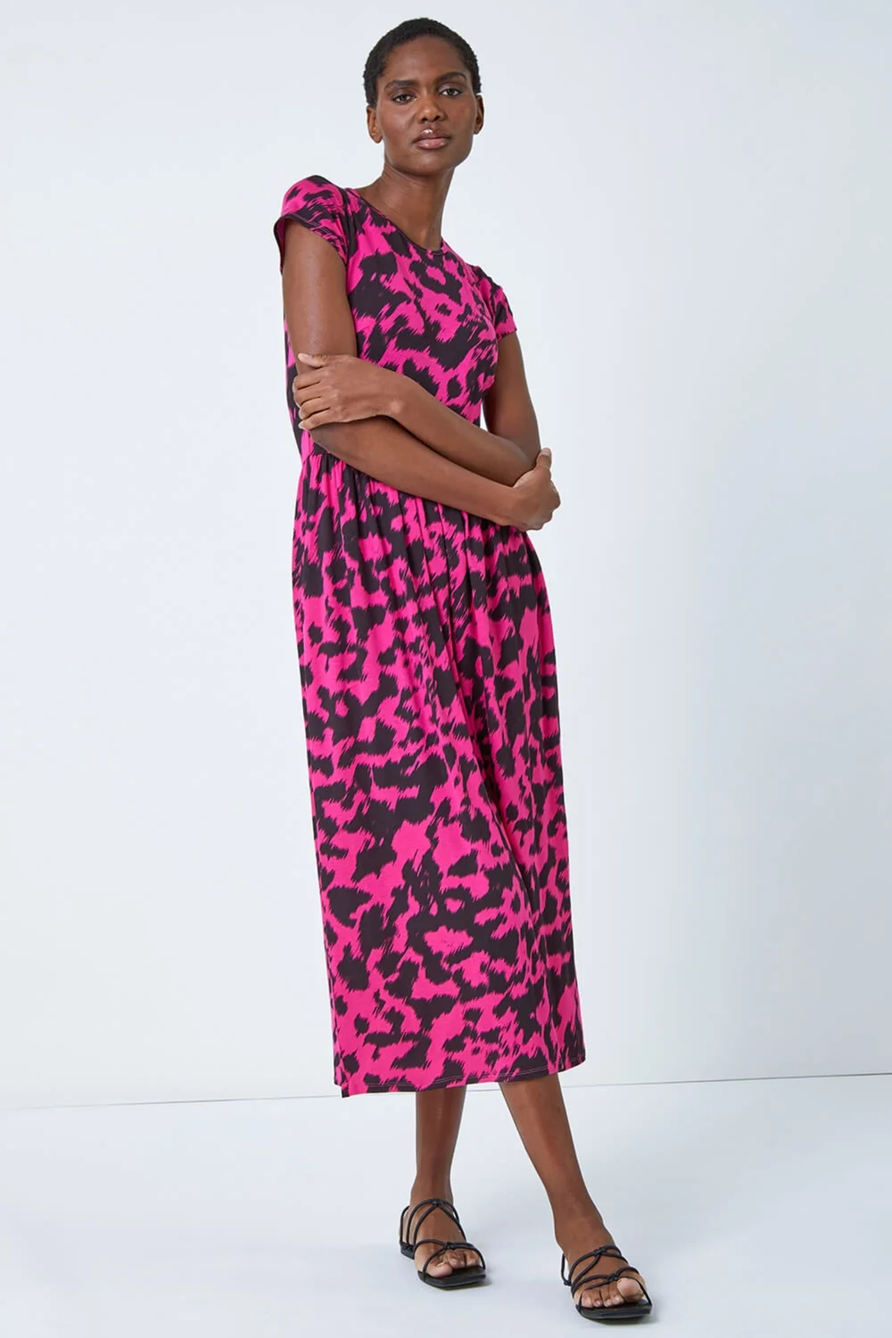 Roman Fuchsia Abstract Print Gathered Skirt Midi Dress - 6 Image 2