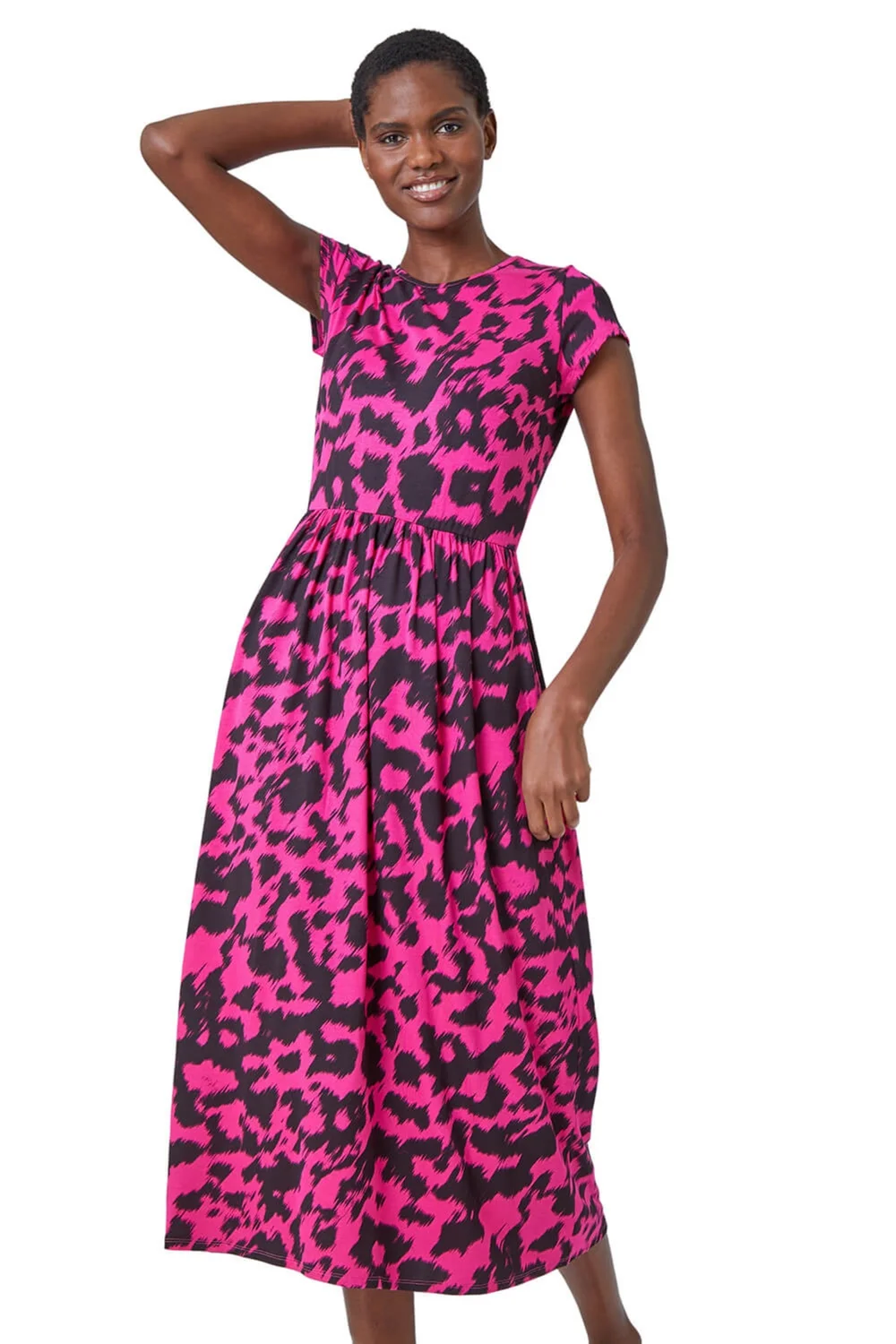 Roman Fuchsia Abstract Print Gathered Skirt Midi Dress - 6 Image 1