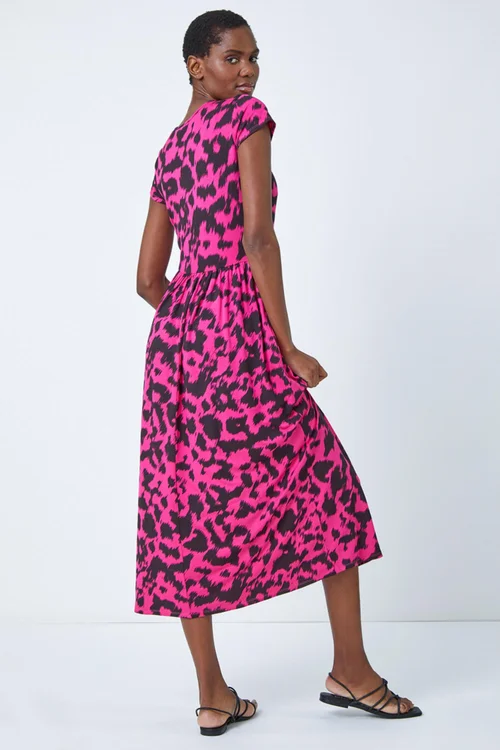 Roman Fuchsia Abstract Print Gathered Skirt Midi Dress - 6 Image 3