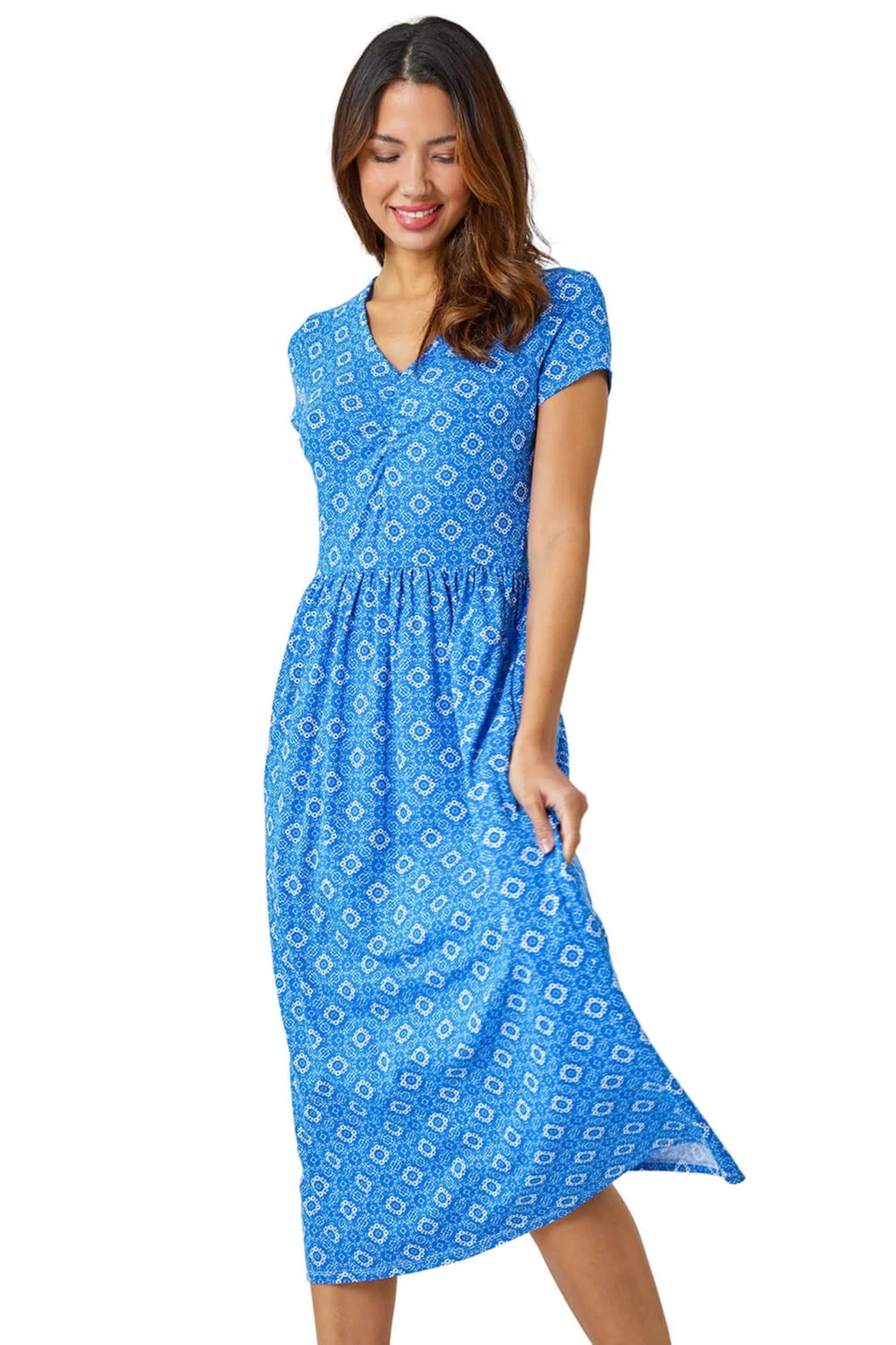 Roman Royal Blue Tile Print Midi Stretch Dress - 24 Image 1