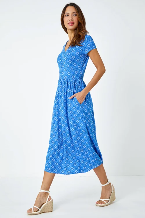 Roman Royal Blue Tile Print Midi Stretch Dress - 24 Image 2