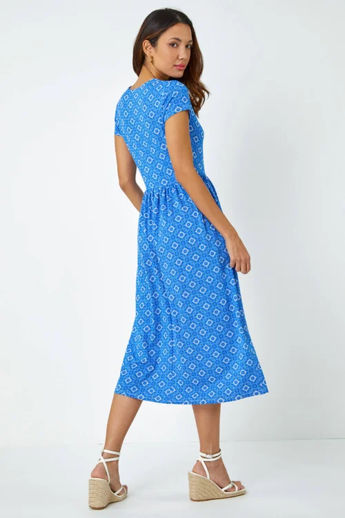 Roman Royal Blue Tile Print Midi Stretch Dress - 24 Image 4