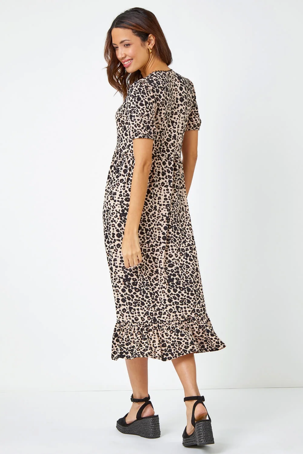 Roman Black Leopard Print Lace Trim Midi Dress - 6 Image 4
