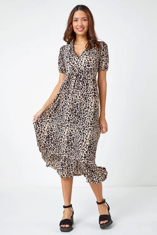 Roman Black Leopard Print Lace Trim Midi Dress - 6 Image 3