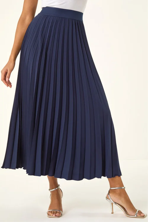 Roman Navy Pleated Elastic Waist Maxi Skirt - 22 Image 1