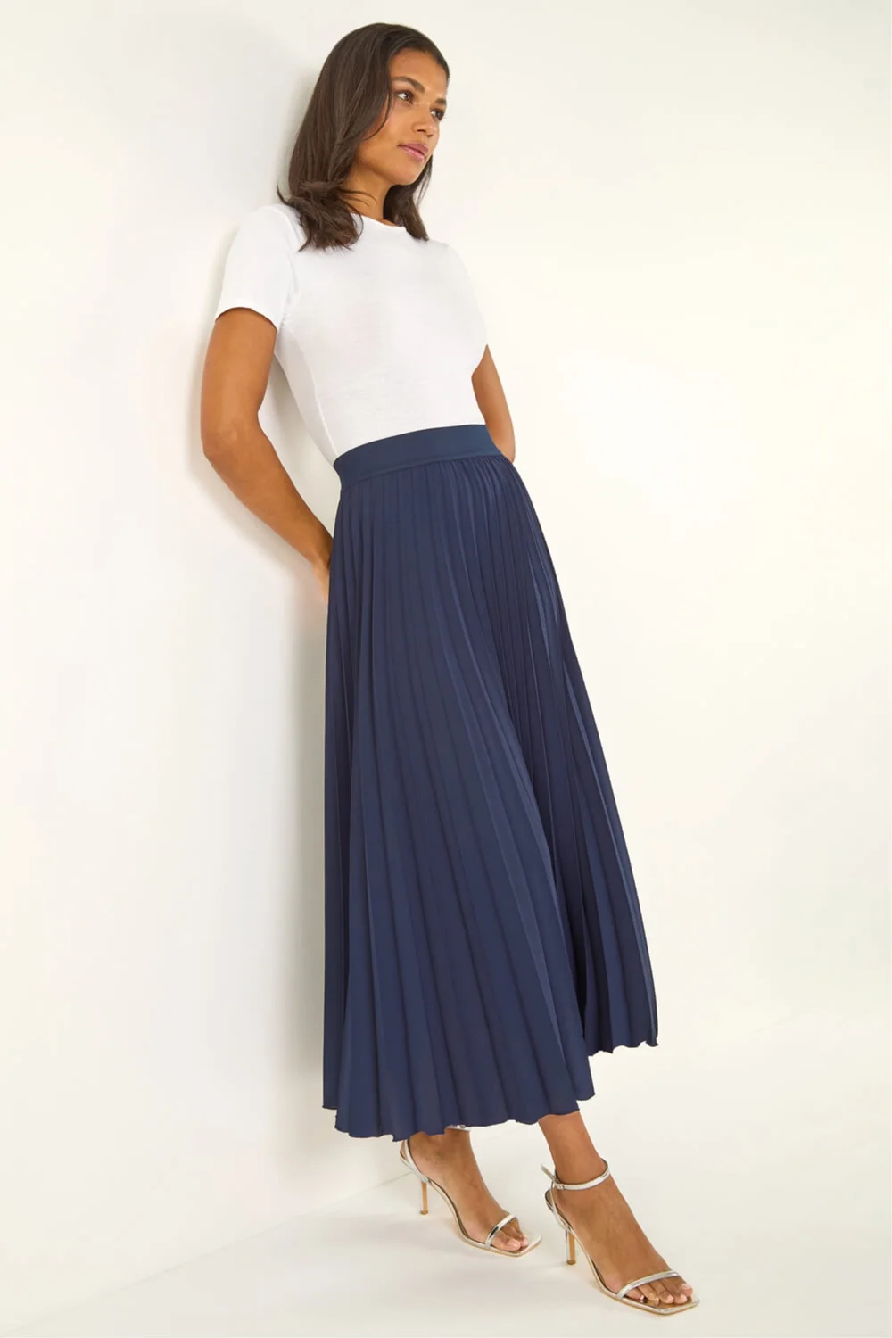 Roman Navy Pleated Elastic Waist Maxi Skirt - 22 Image 3