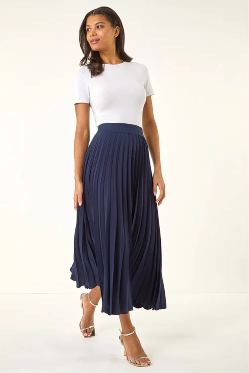 Roman Navy Pleated Elastic Waist Maxi Skirt - 22 Image 2