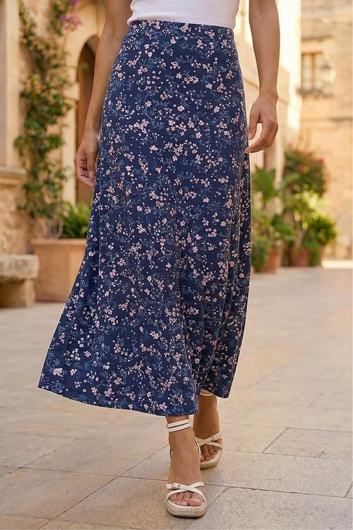 Roman Navy Floral Print Elastic Waist Midi Stretch Skirt - 10 Image 2