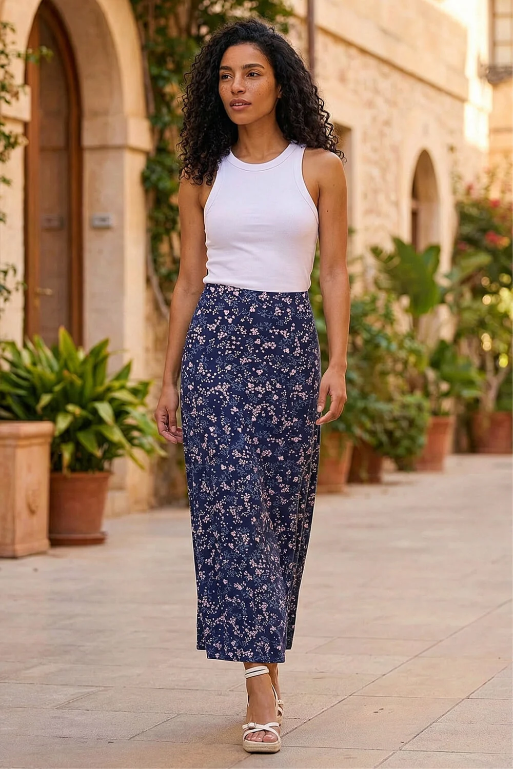 Roman Navy Floral Print Elastic Waist Midi Stretch Skirt - 10 Image 1