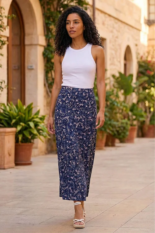 Roman Navy Floral Print Elastic Waist Midi Stretch Skirt - 10 Image 1