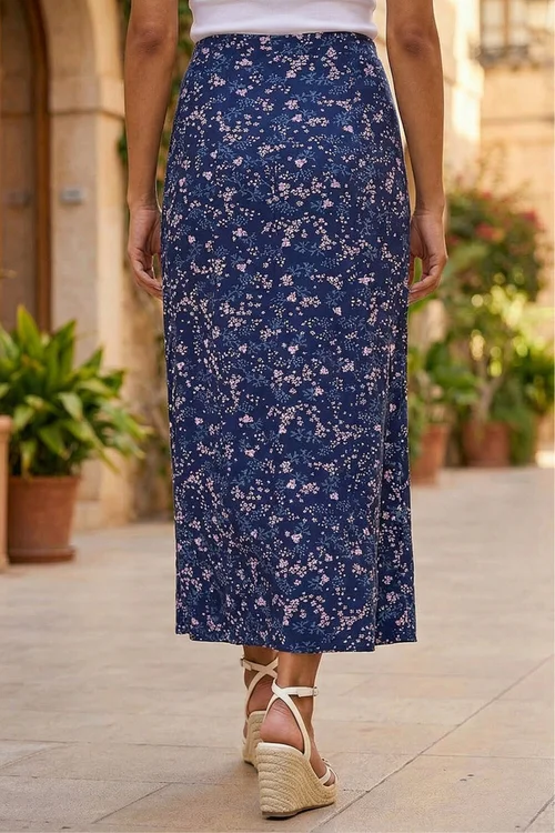 Roman Navy Floral Print Elastic Waist Midi Stretch Skirt - 10 Image 3