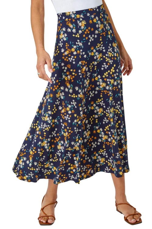 Roman Navy Ditsy Floral Print Elastic Waist Midi Skirt - Size 16 Image 1