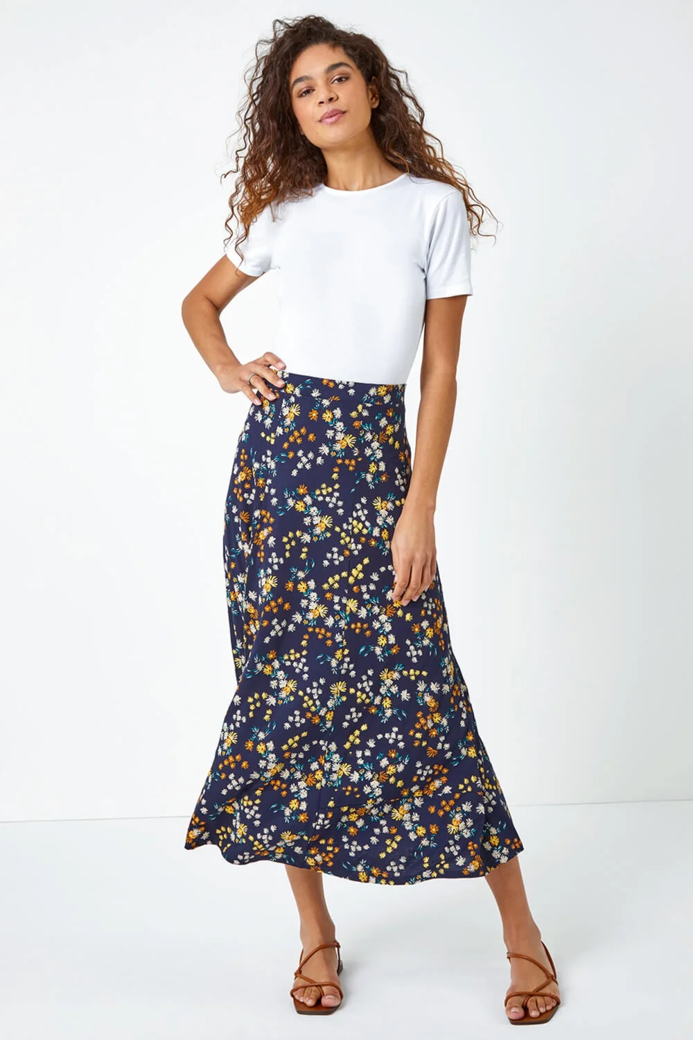 Roman Navy Ditsy Floral Print Elastic Waist Midi Skirt - Size 16 Image 4