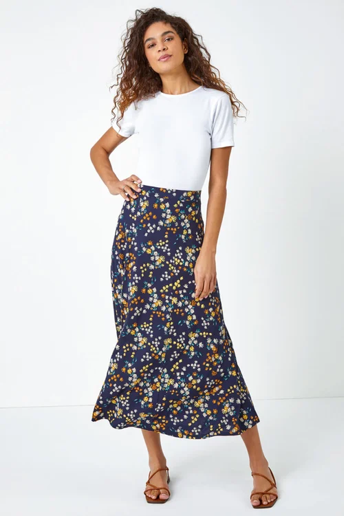 Roman Navy Ditsy Floral Print Elastic Waist Midi Skirt - Size 16 Image 4