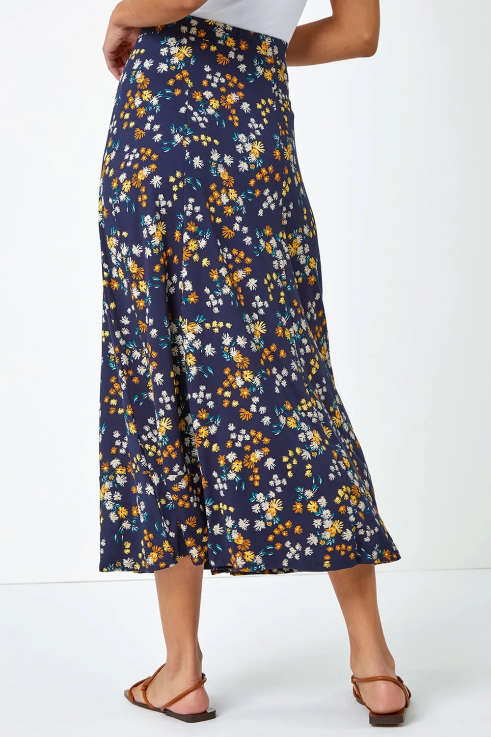 Roman Navy Ditsy Floral Print Elastic Waist Midi Skirt - Size 16 Image 2