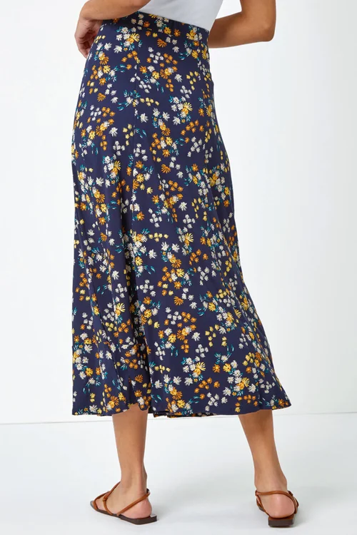 Roman Navy Ditsy Floral Print Elastic Waist Midi Skirt - Size 16 Image 2