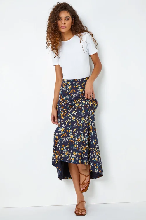 Roman Navy Ditsy Floral Print Elastic Waist Midi Skirt - Size 16 Image 3
