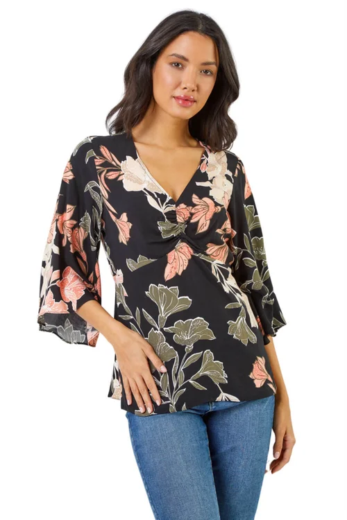 Roman Black Tropical Print V-Neck Ruched Tunic Top - Size 12 Image 1