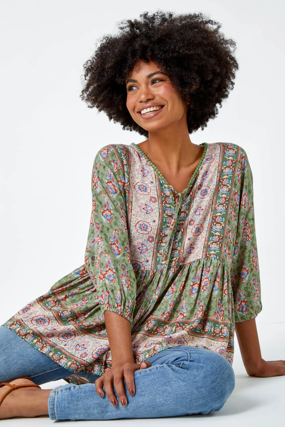 Roman Khaki Floral Border Print Overshirt - Size 12 Image 2