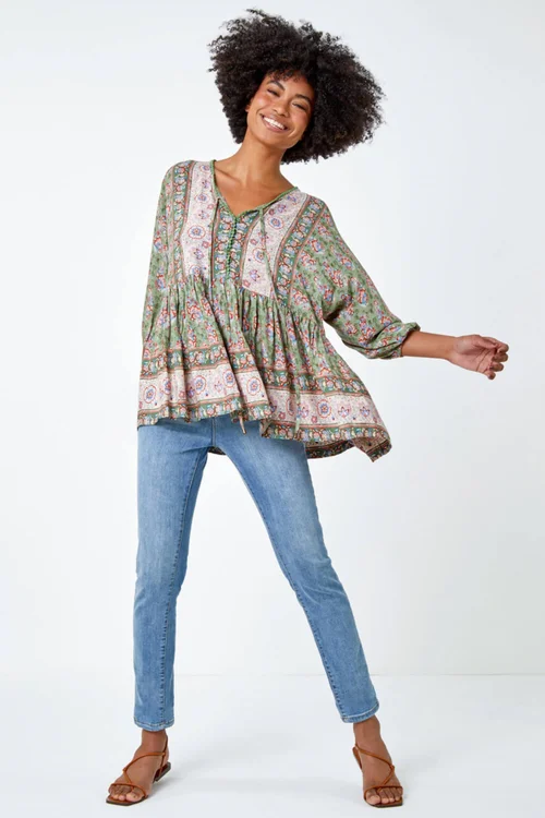 Roman Khaki Floral Border Print Overshirt - Size 12 Image 3