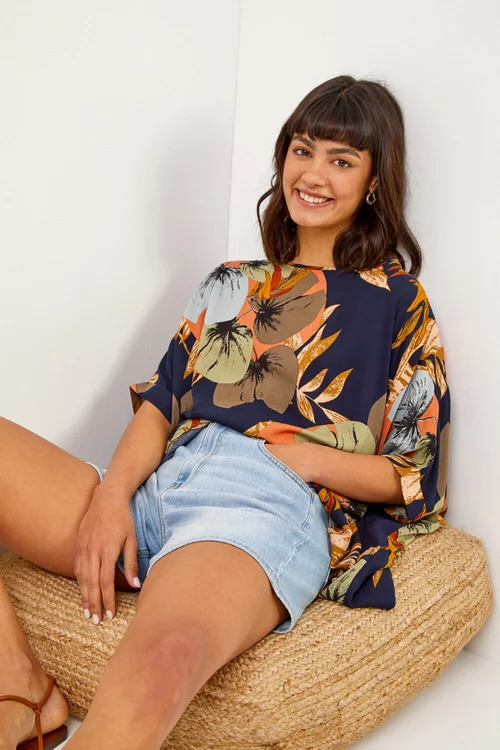 Roman Navy Palm Print Button Back Top - 10 Image 2