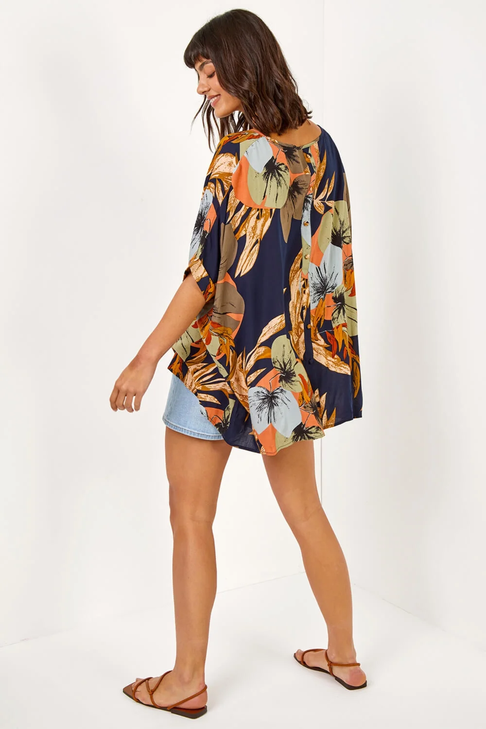 Roman Navy Palm Print Button Back Top - 10 Image 3