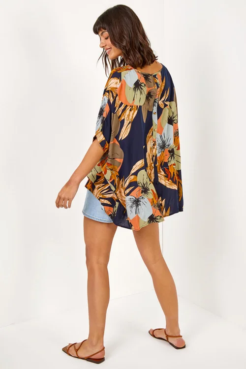Roman Navy Palm Print Button Back Top - 10 Image 3