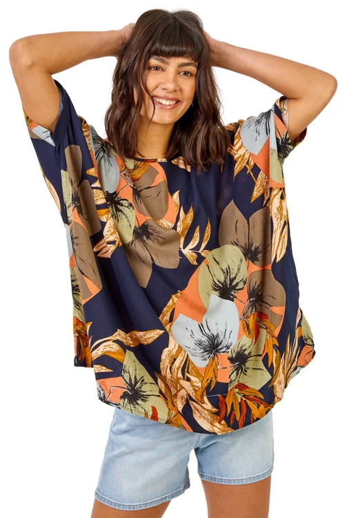 Roman Navy Palm Print Button Back Top - 10 Image 1