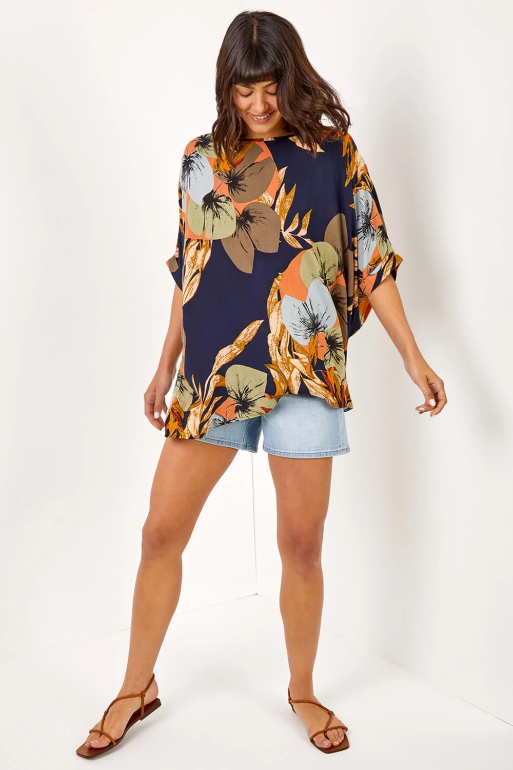 Roman Navy Palm Print Button Back Top - 10 Image 4
