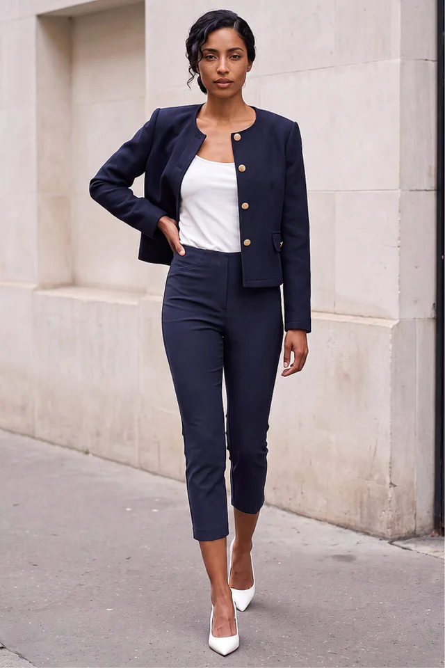 Roman Navy 3/4 Length Stretch Elastic Waist Trouser
