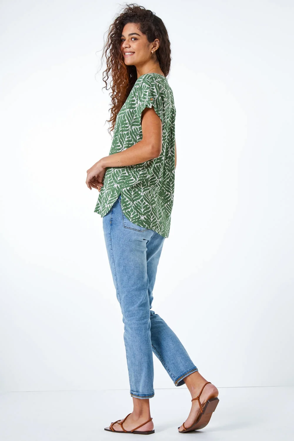Roman Khaki Abstract Print Button Detail V-Neck Top - 12 Image 4