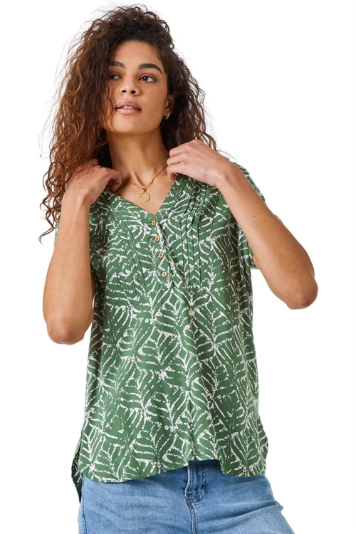 Roman Khaki Abstract Print Button Detail V-Neck Top - 12 Image 1
