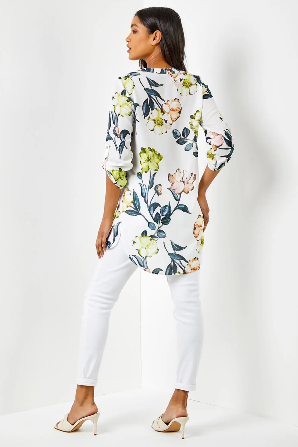 Roman Ivory V-Neck Longline Button Detail Floral Tunic Top - 10 Image 3