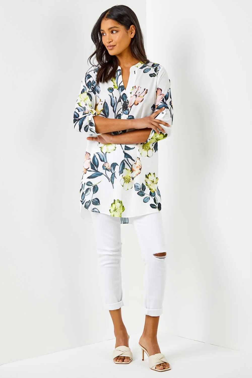 Roman Ivory V-Neck Longline Button Detail Floral Tunic Top - 10 Image 4