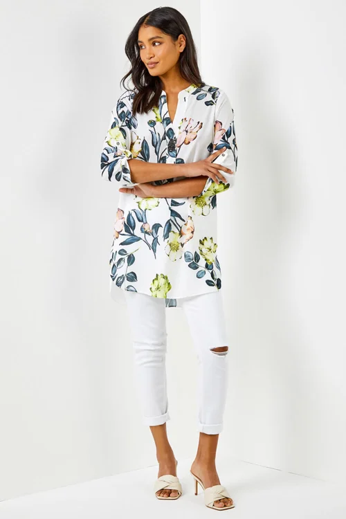 Roman Ivory V-Neck Longline Button Detail Floral Tunic Top - 10 Image 4