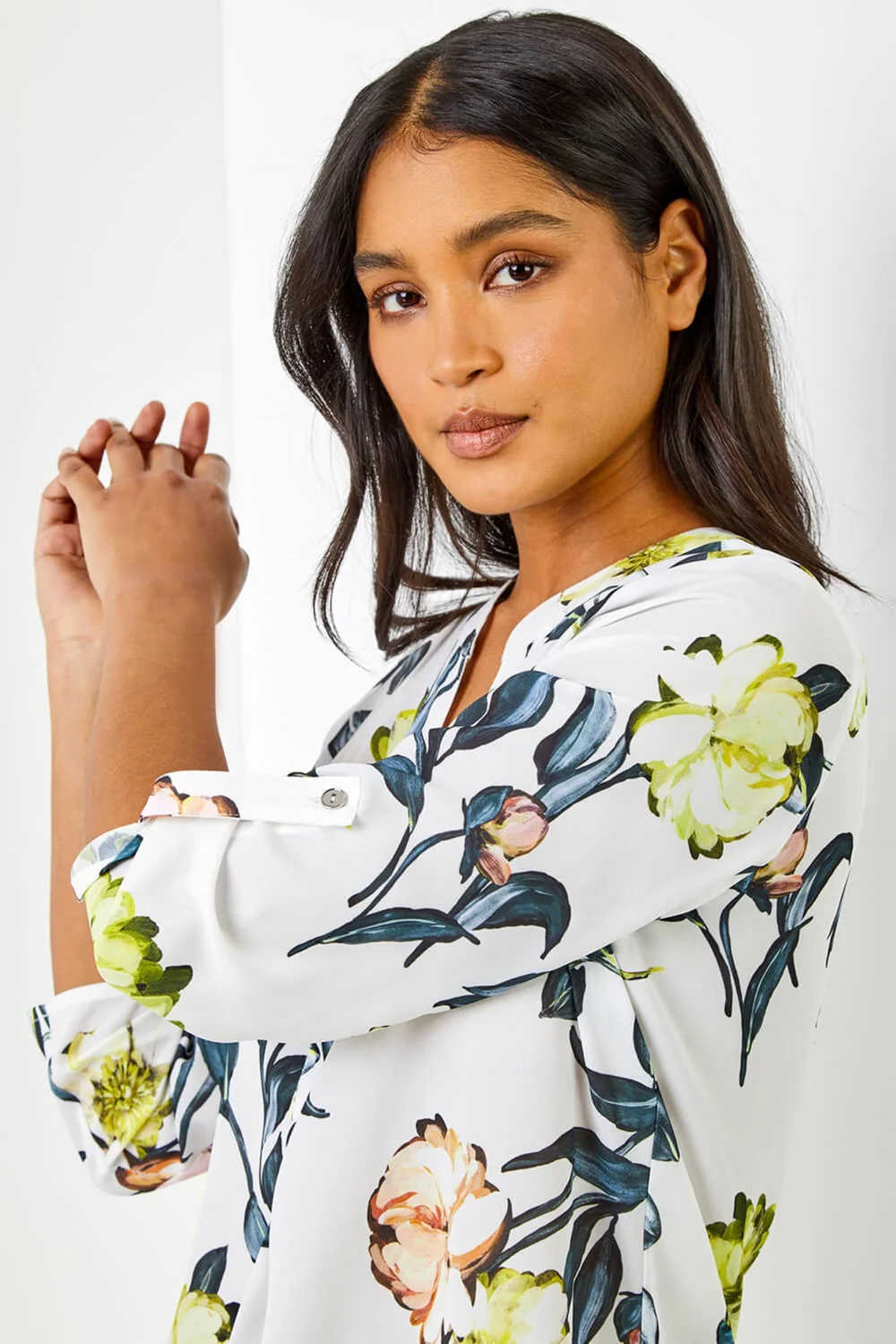 Roman Ivory V-Neck Longline Button Detail Floral Tunic Top - 10 Image 2
