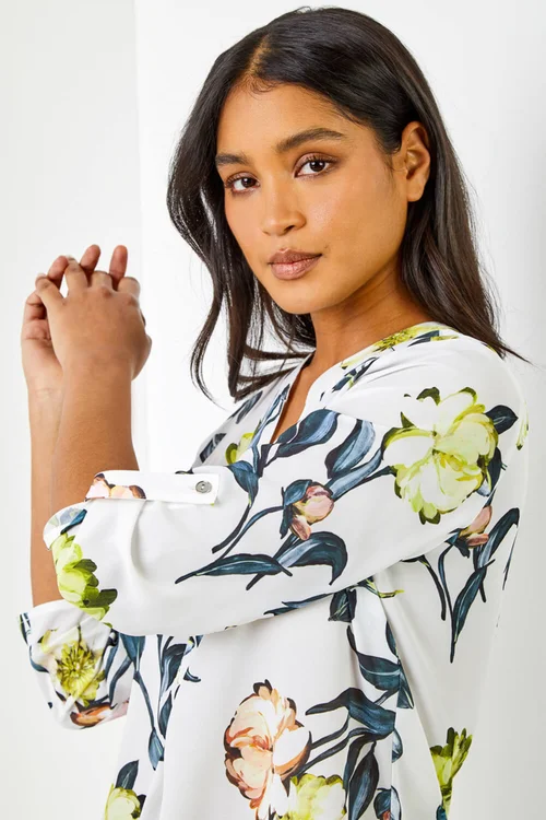 Roman Ivory V-Neck Longline Button Detail Floral Tunic Top - 10 Image 2