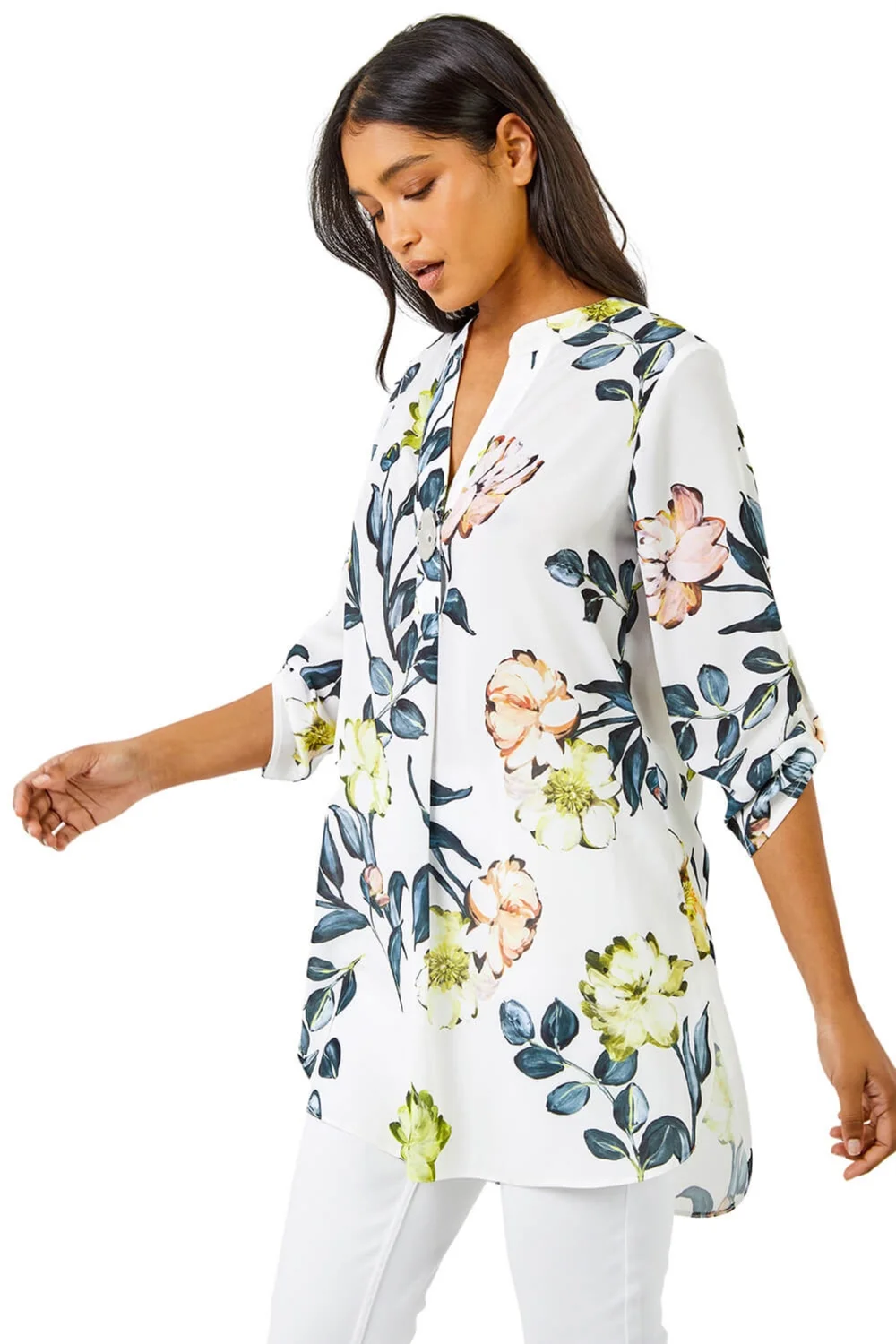 Roman Ivory V-Neck Longline Button Detail Floral Tunic Top - 10 Image 1