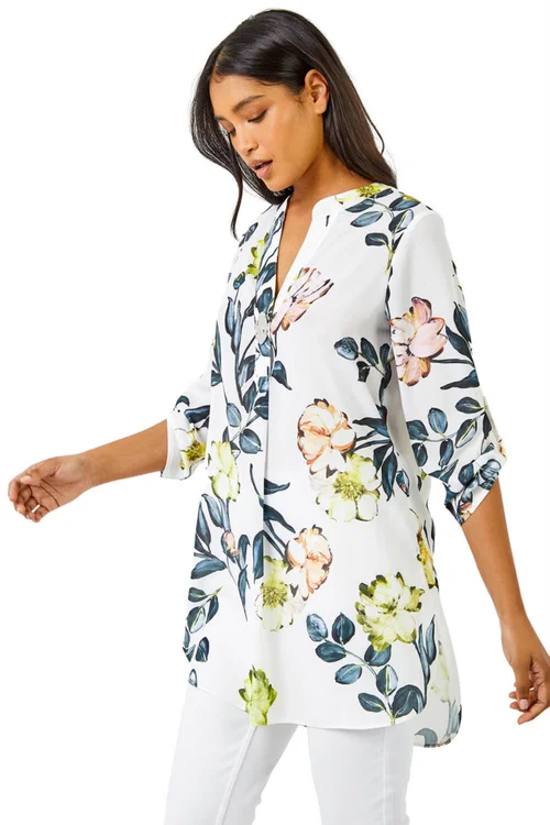 Roman Ivory V-Neck Longline Button Detail Floral Tunic Top - 10 Image 1