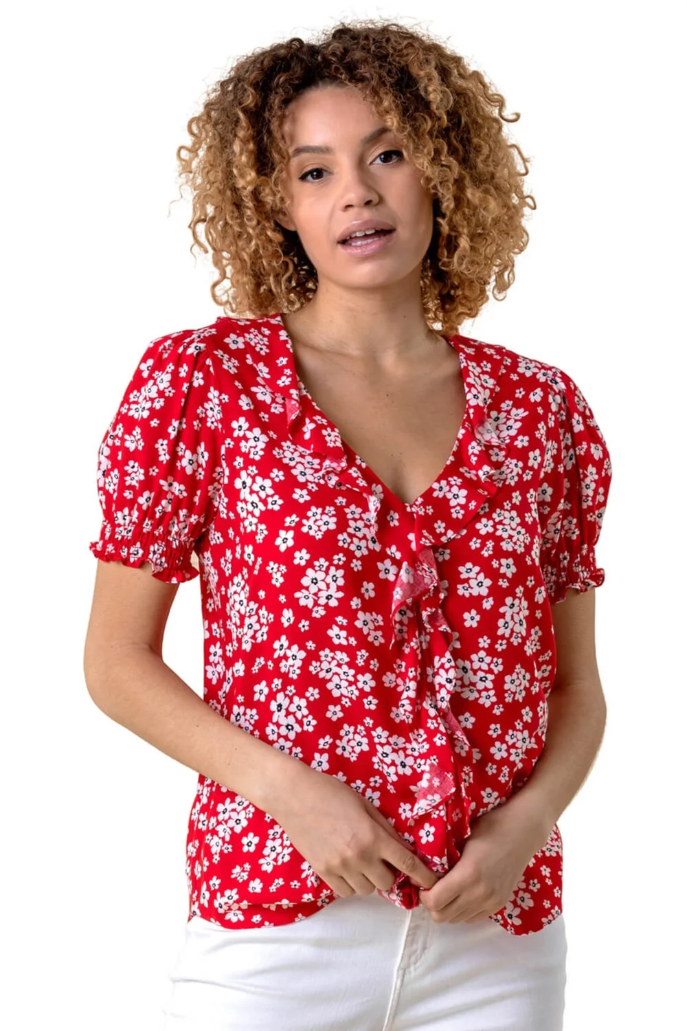 Roman Red Floral Print V-Neck Frill Detail Blouse - 10 Image 1