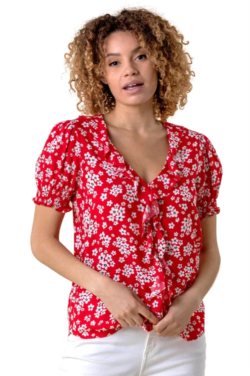 Roman Red Floral Print V-Neck Frill Detail Blouse - 10 Image 1